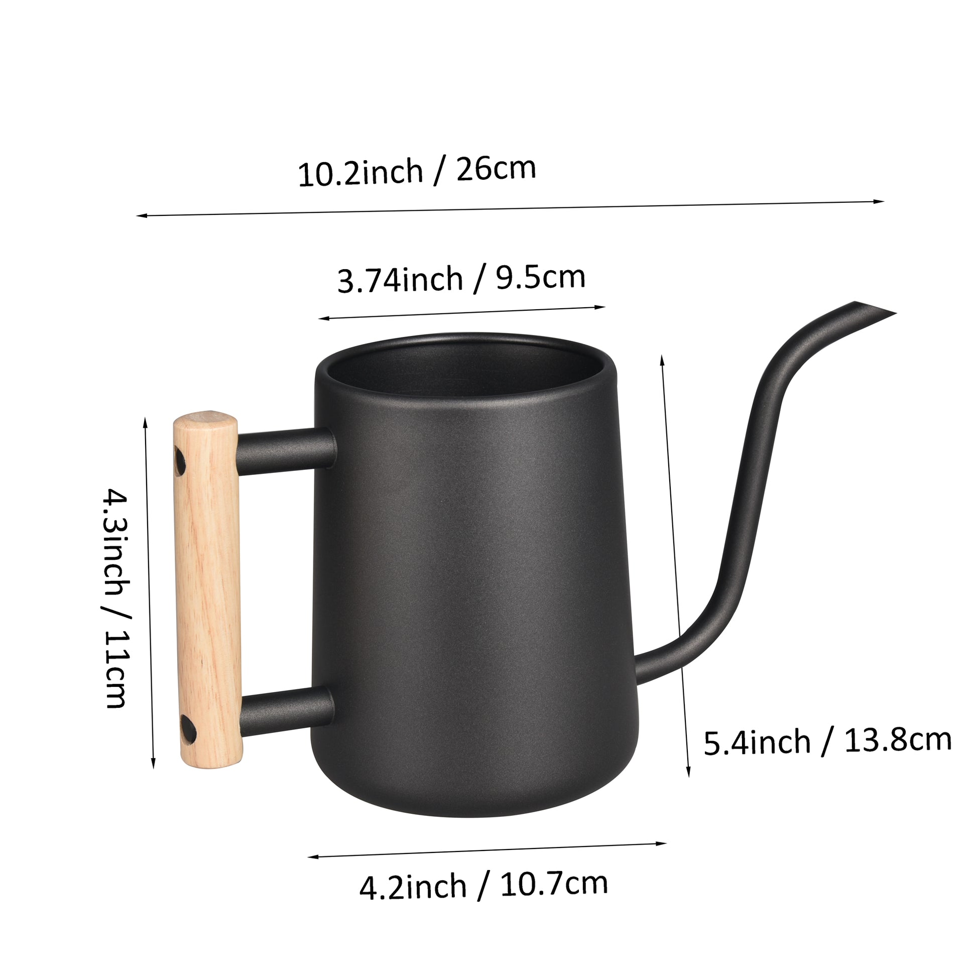 Black Stainless Steel Plant Watering Pot size diagram showing the overall height of 5.4 inch with detailed measurement labels