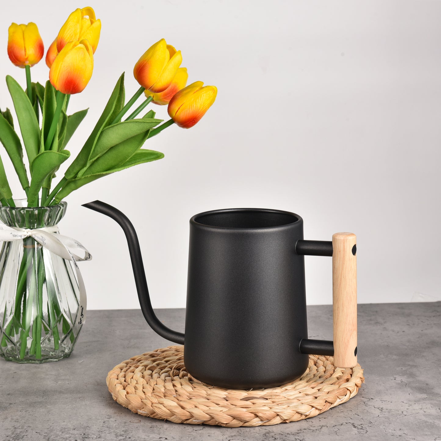 Black Stainless Steel Indoor Plant Watering Pot placed on indoor tabletop