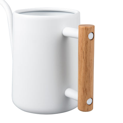 Comfortable Wooden Handle Plant Watering Pot close-up showcasing the smooth wood grip and ergonomic handle design