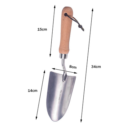 Stainless Steel Garden Trowel measurement guide with 13.4inch length, 5.9inch handle, and 2.0inch blade width