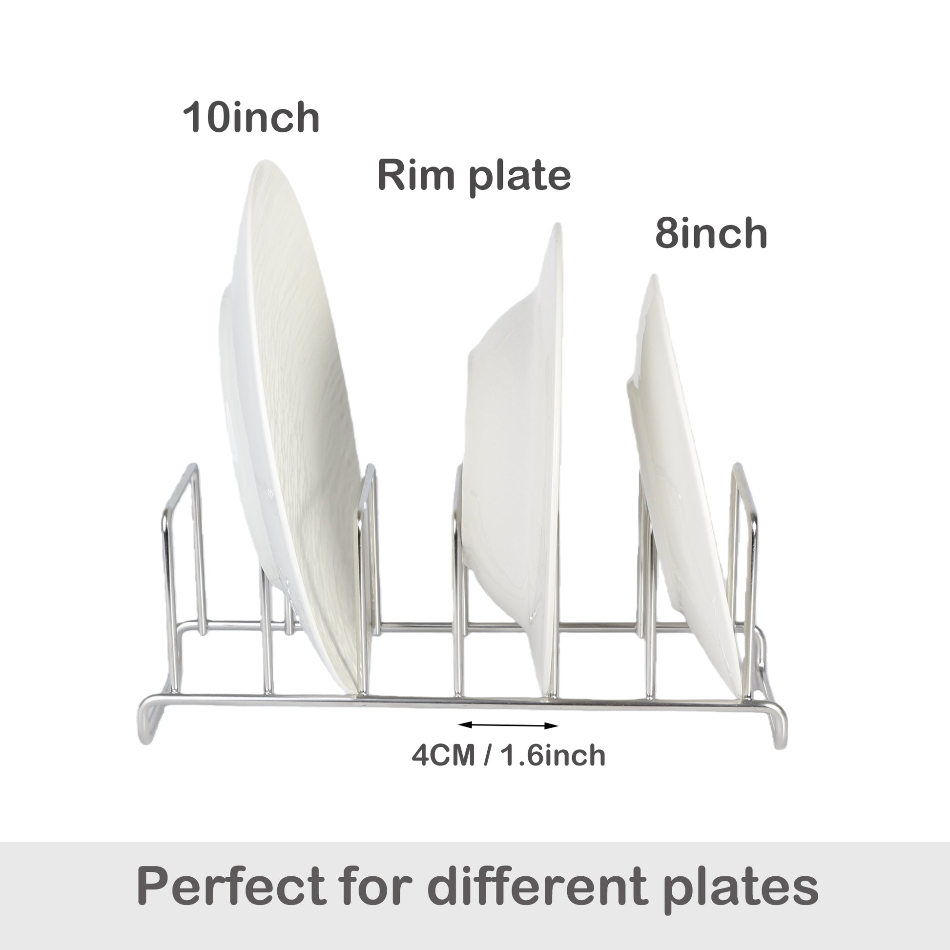 Vertical plate rack holding up to 6 plates, including 8-inch, 10-inch, and rimmed plates, for organizing various plate sizes