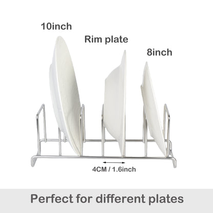 Vertical plate rack holding up to 6 plates, including 8-inch, 10-inch, and rimmed plates, for organizing various plate sizes
