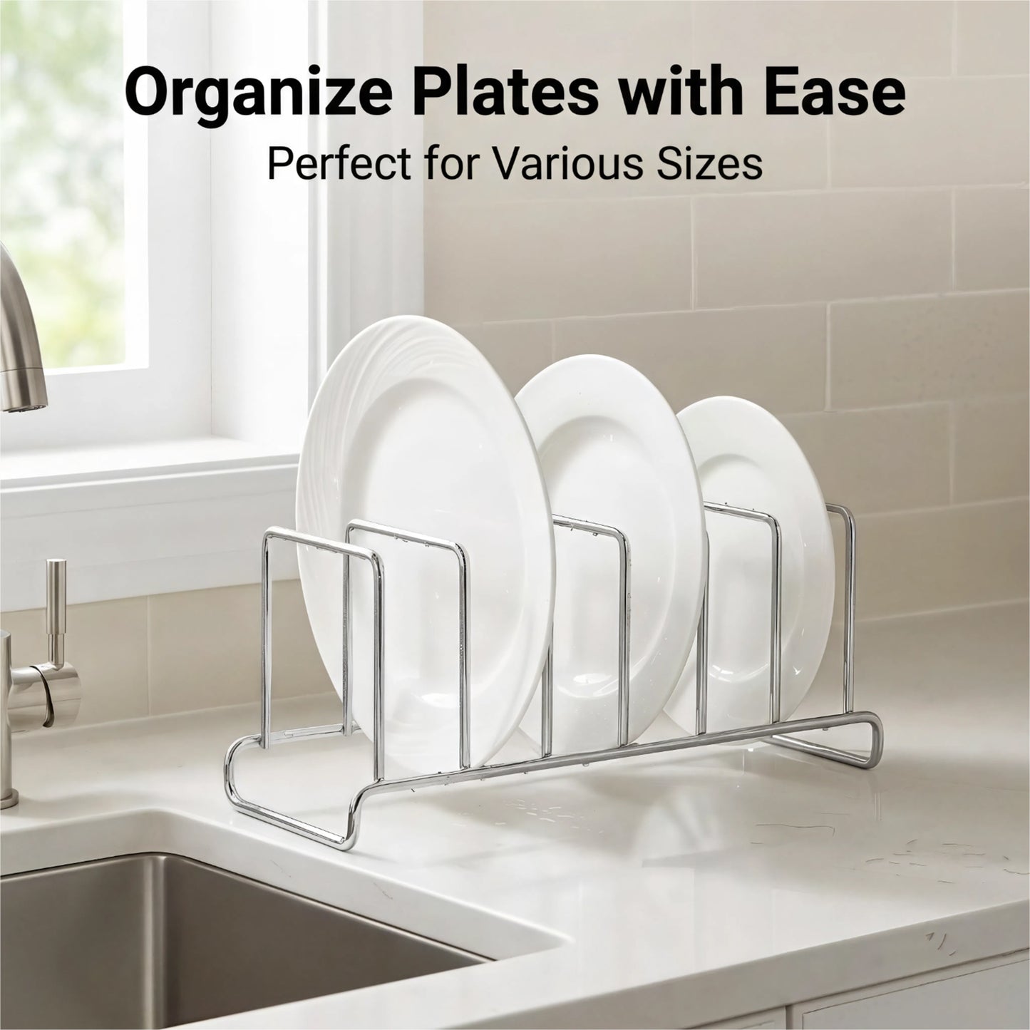 Sleek stainless steel plate rack holding various plate sizes beside the sink for organized and convenient dish storage