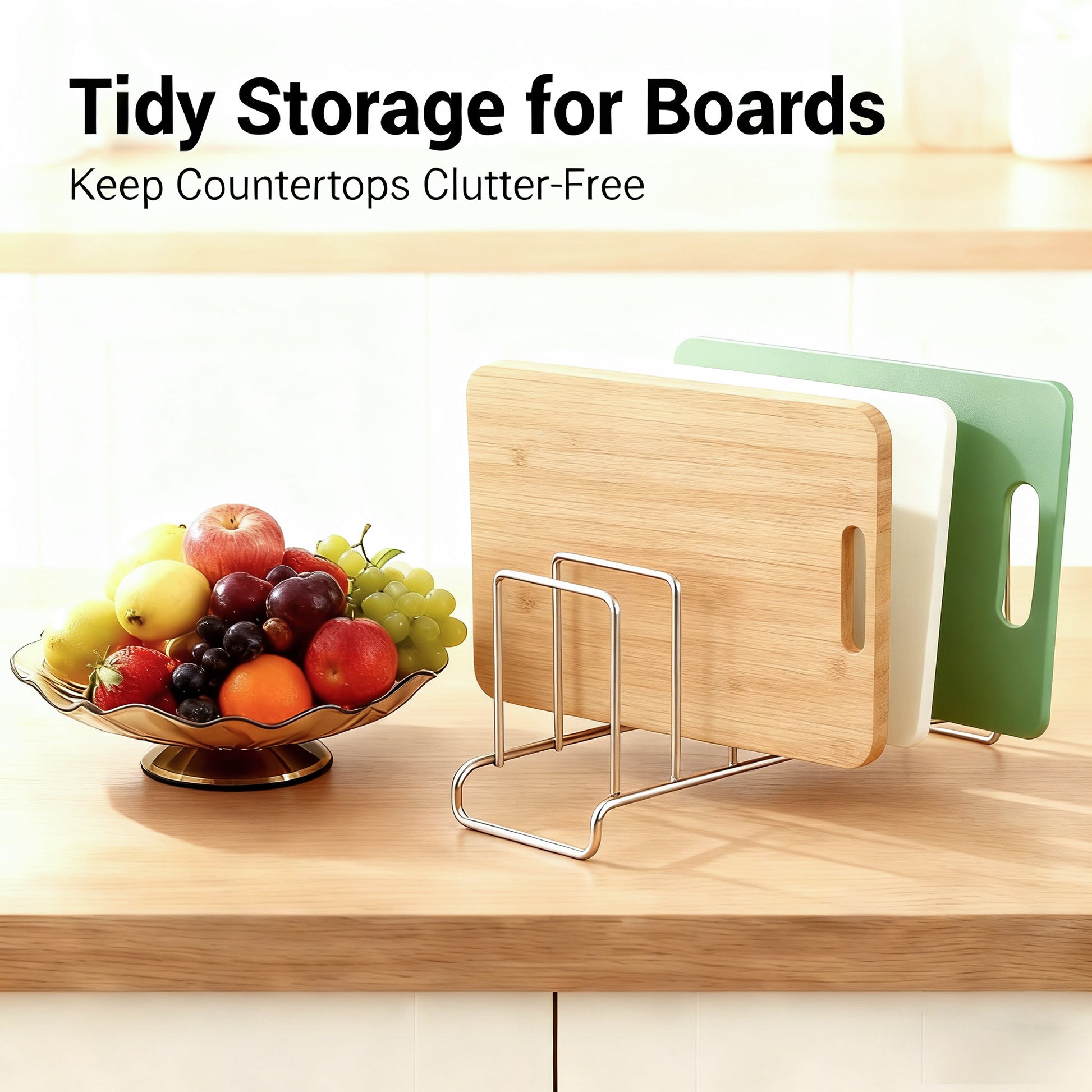 Multi-purpose stainless steel rack holding cutting boards for space-saving storage