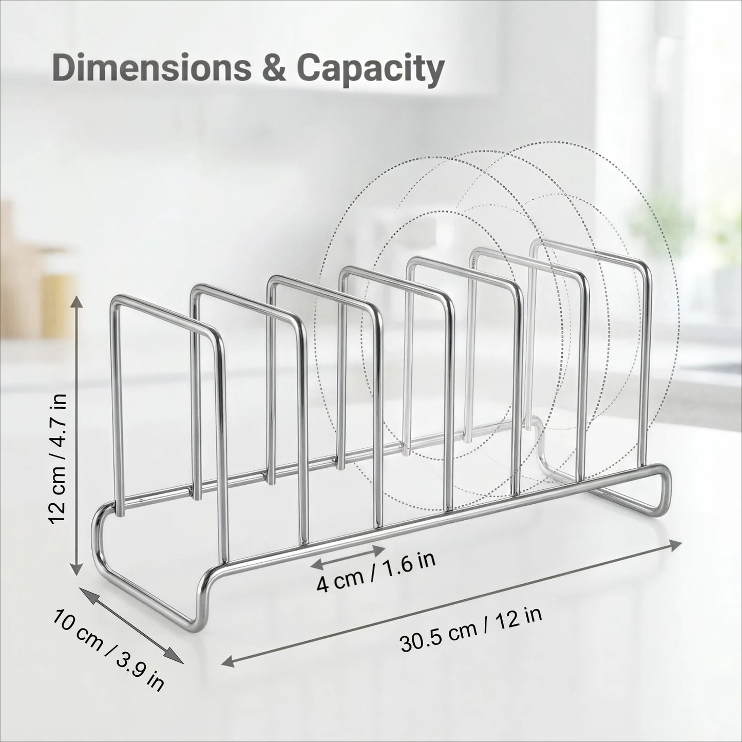 Stainless steel plate rack measures 12 x 3.9 x 4.7 inches with 1.6-inch slots for space-saving vertical storage