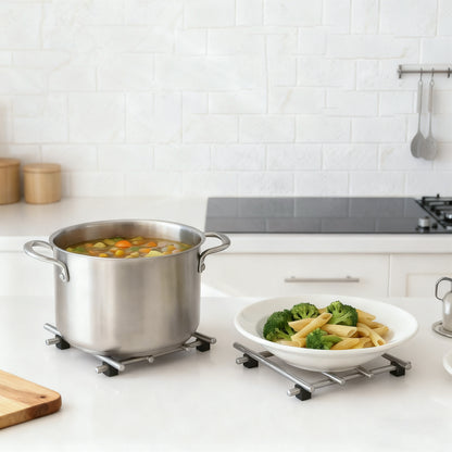 IMEEA stainless steel trivets holding hot pots and pans, protecting countertops from heat
