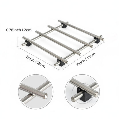 IMEEA trivet size diagram showing 7x7 inch compact stainless steel design