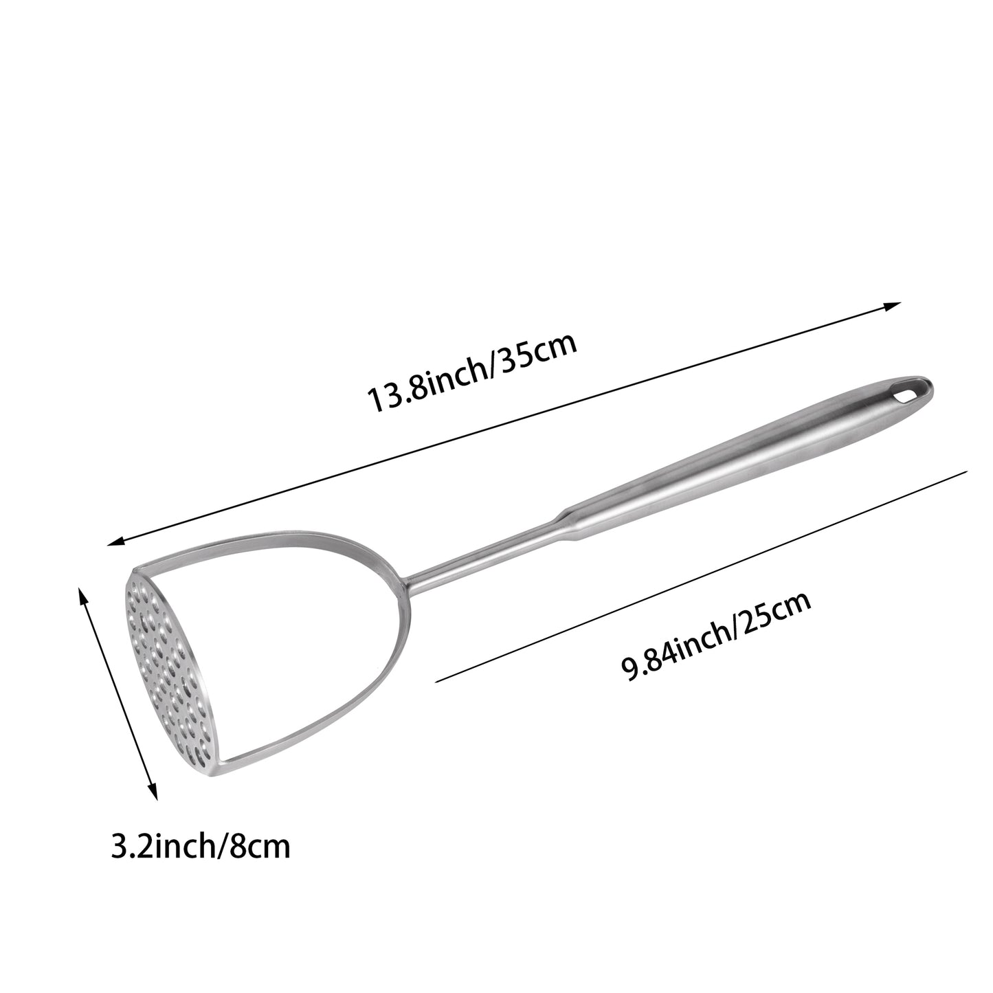 Stainless Steel Potato Masher dimension diagram with 13.8 inch length and 3.2 inch width
