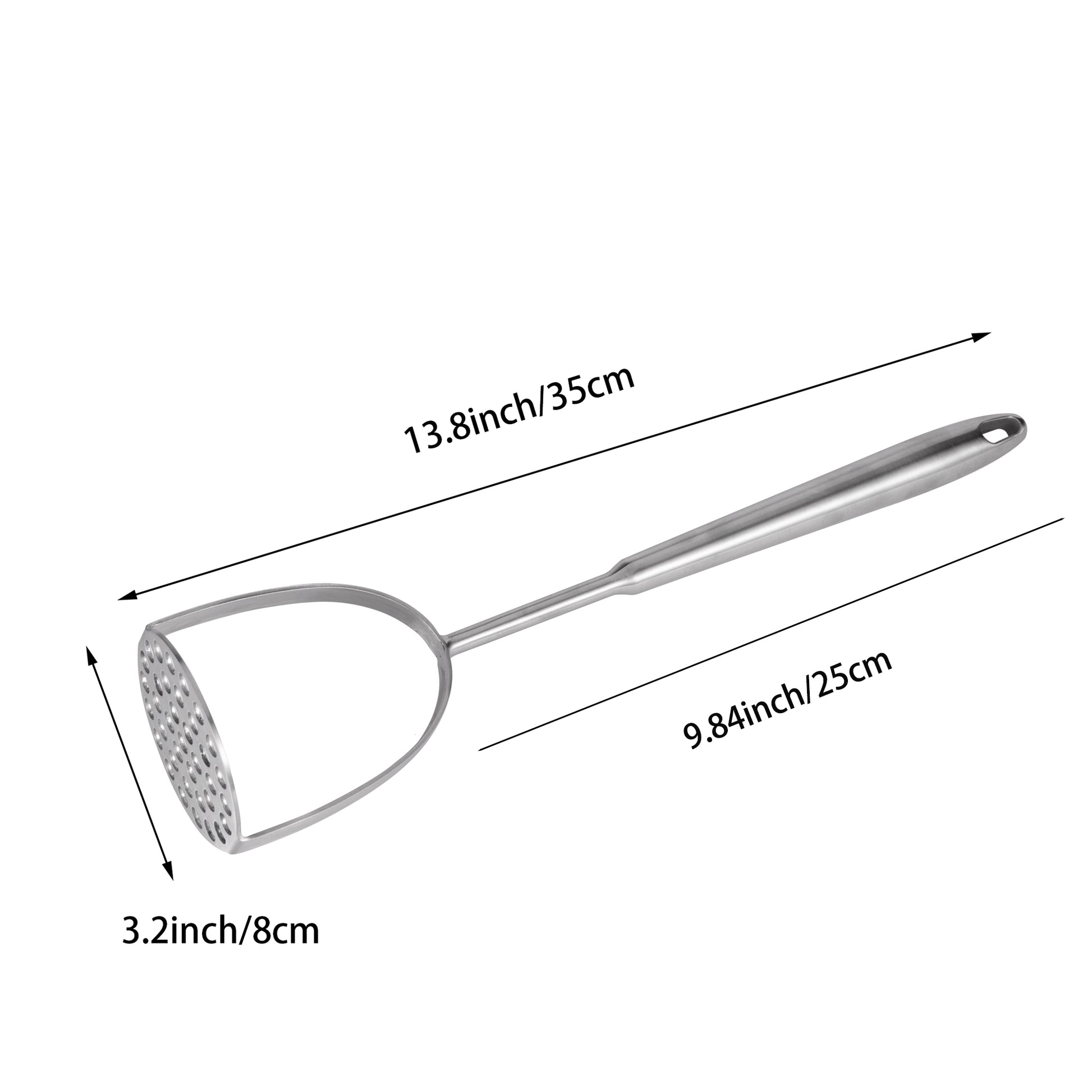 Stainless Steel Potato Masher dimension diagram with 13.8 inch length and 3.2 inch width