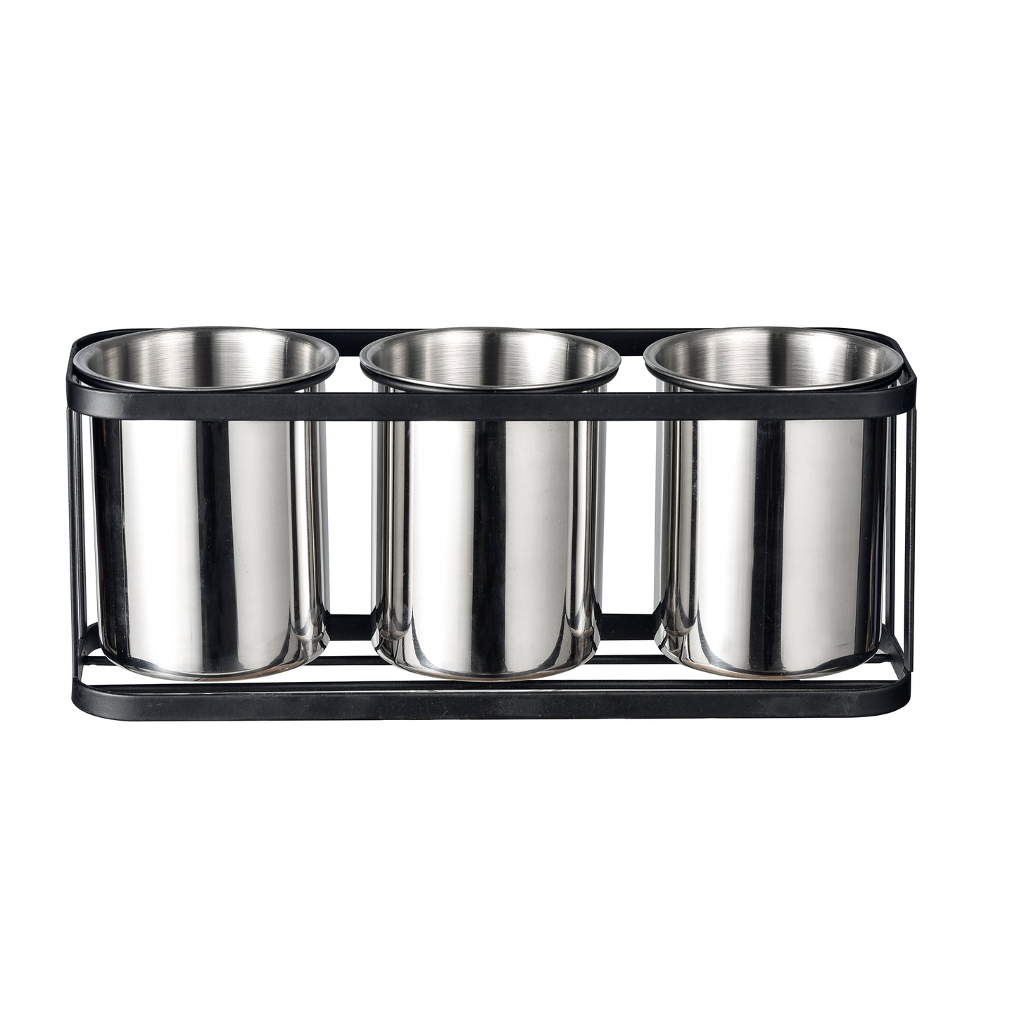 IMEEA Stainless Steel Silverware Caddy with modern three-compartment design and black metal rack