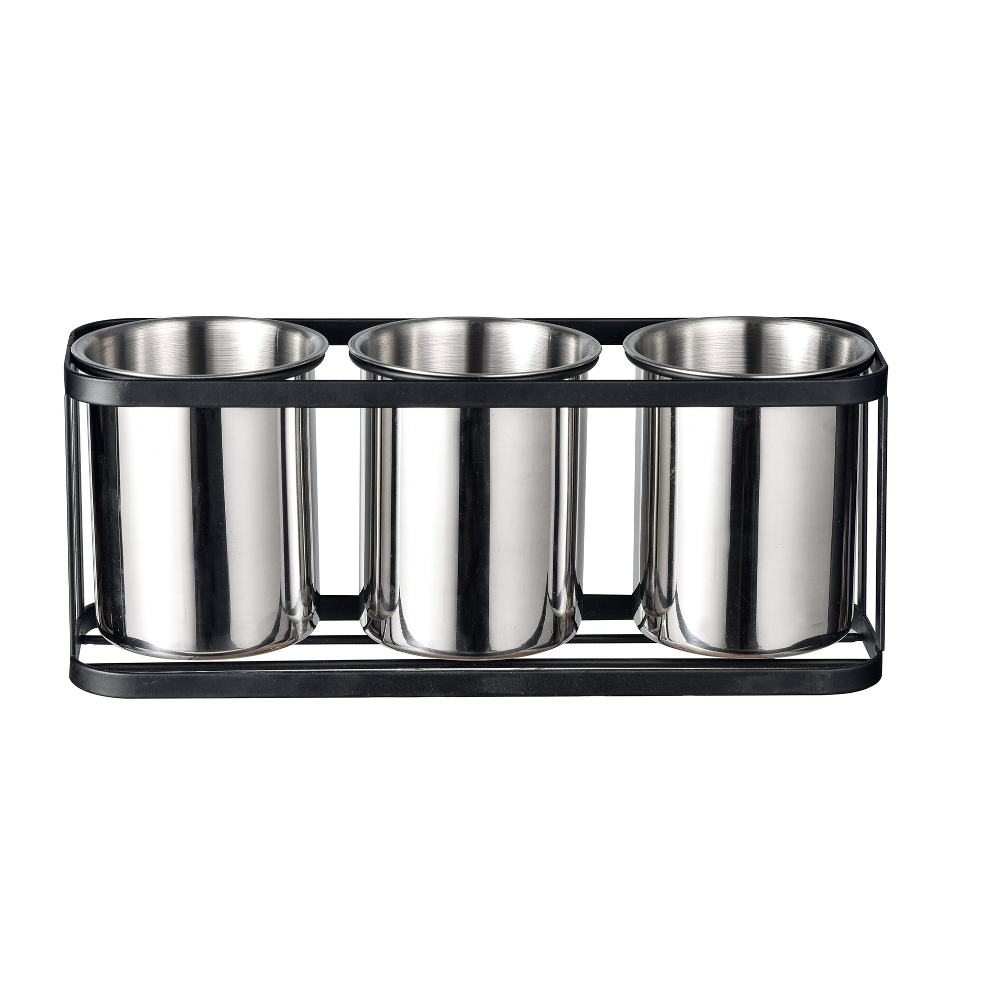 IMEEA Stainless Steel Silverware Caddy with modern three-compartment design and black metal rack