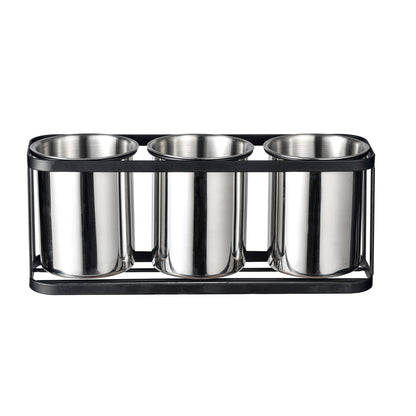 IMEEA Stainless Steel Silverware Caddy with modern three-compartment design and black metal rack