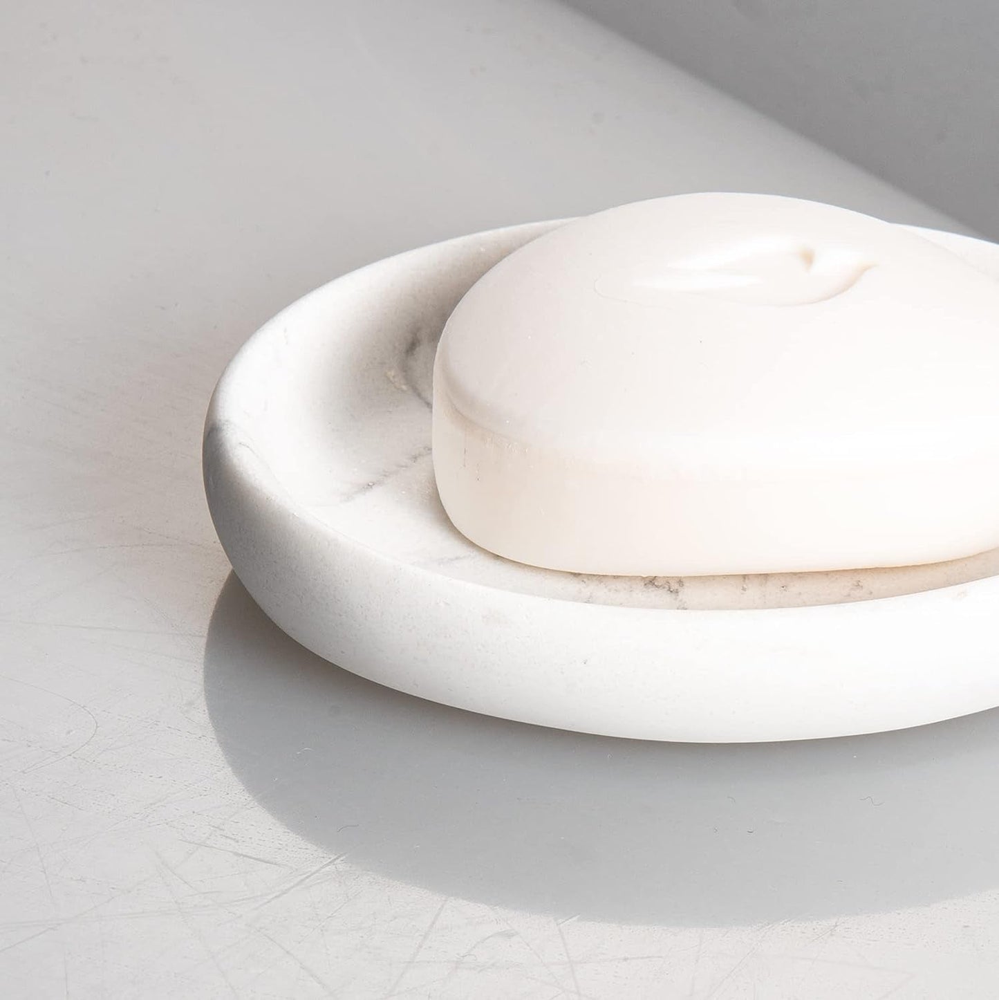 Close-up view of Marble Look Resin Soap Dish with smooth rounded edges for comfortable soap handling