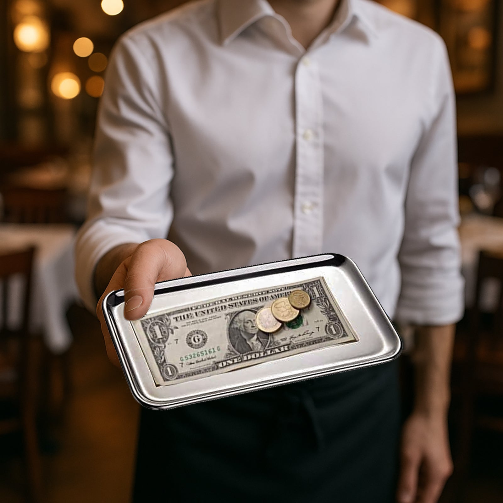 IMEEA Stainless Steel Restaurant Tray held by hand showing a compact design for holding small items