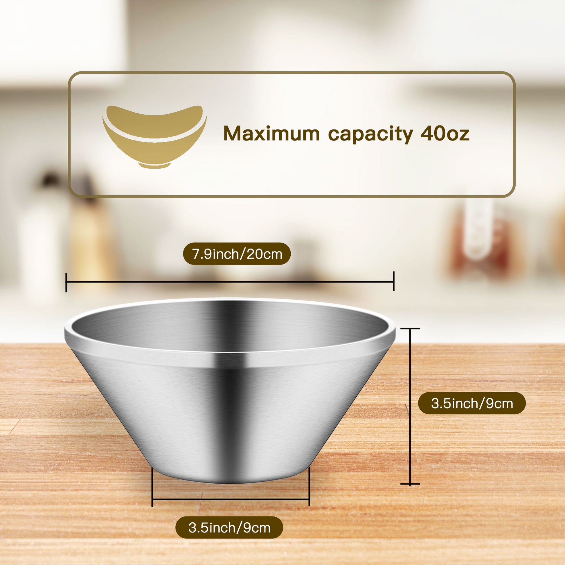 IMEEA 40oz Stainless Steel Salad Bowl with 7.9inch rim diameter, 3.5inch base diameter, and 3.5inch height