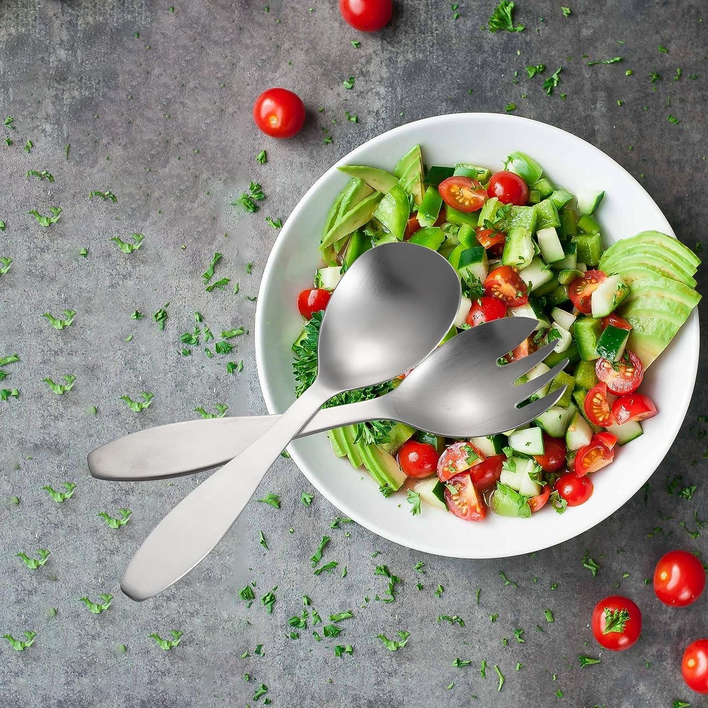 IMEEA SUS304 stainless steel salad servers set on a salad bowl