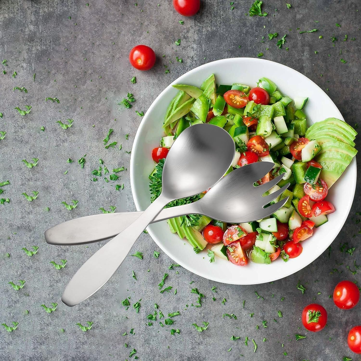 IMEEA SUS304 stainless steel salad servers set on a salad bowl