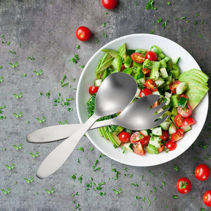 IMEEA SUS304 stainless steel salad servers set on a salad bowl