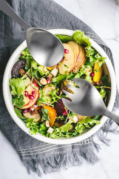 IMEEA SUS304 stainless steel salad servers set in a salad bowl