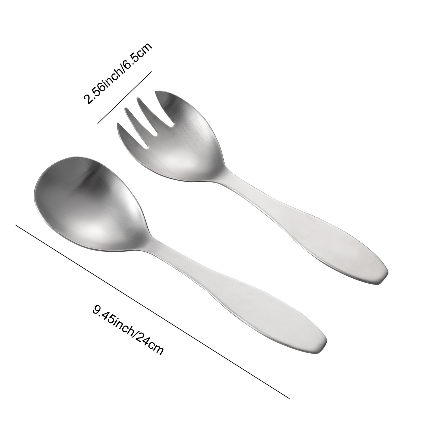 IMEEA SUS304 stainless steel salad servers set size detail showing 9.45-inch length and 2.56-inch width