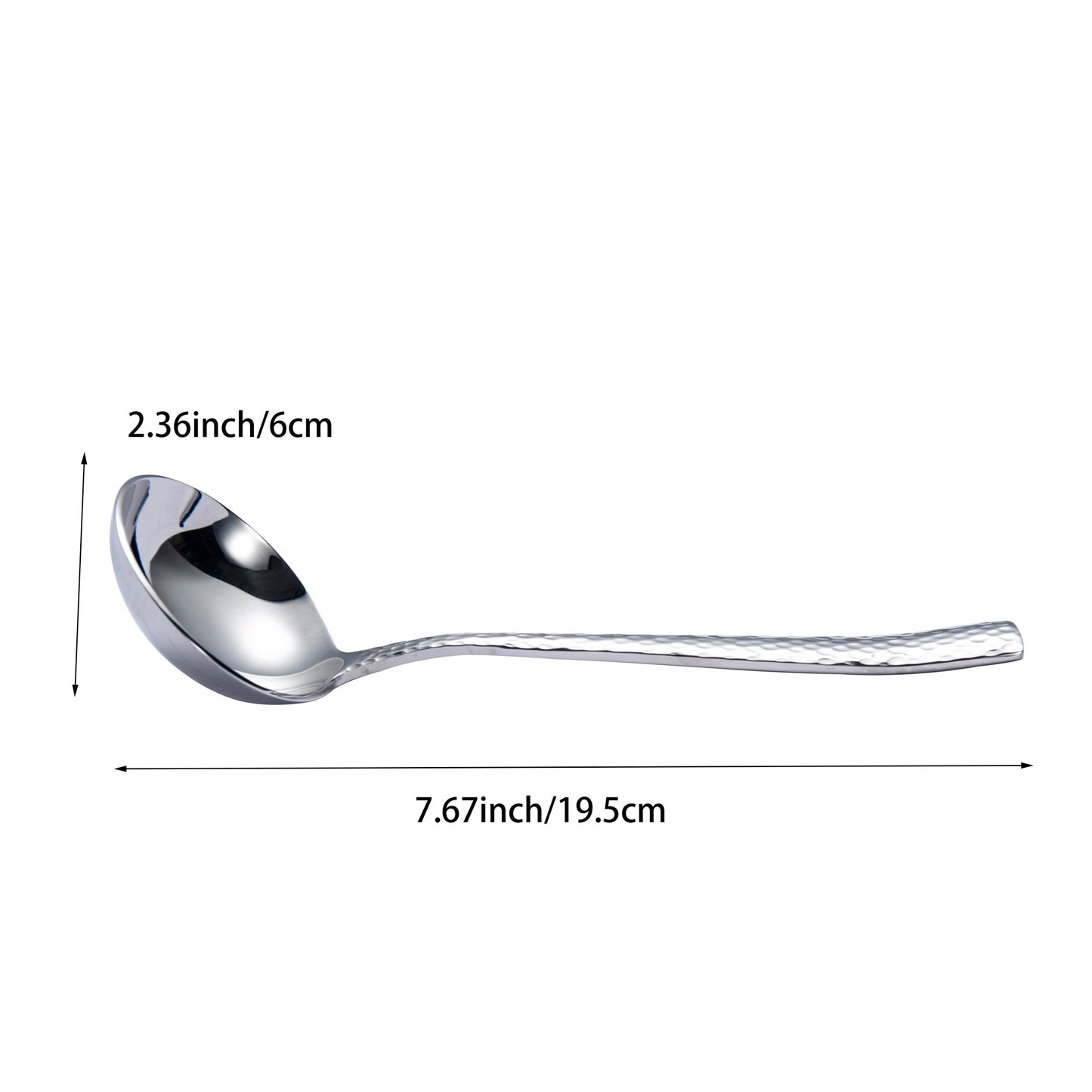 IMEEA stainless steel sauce ladle size detail showing 7.67-inch total length and 2.36-inch bowl height