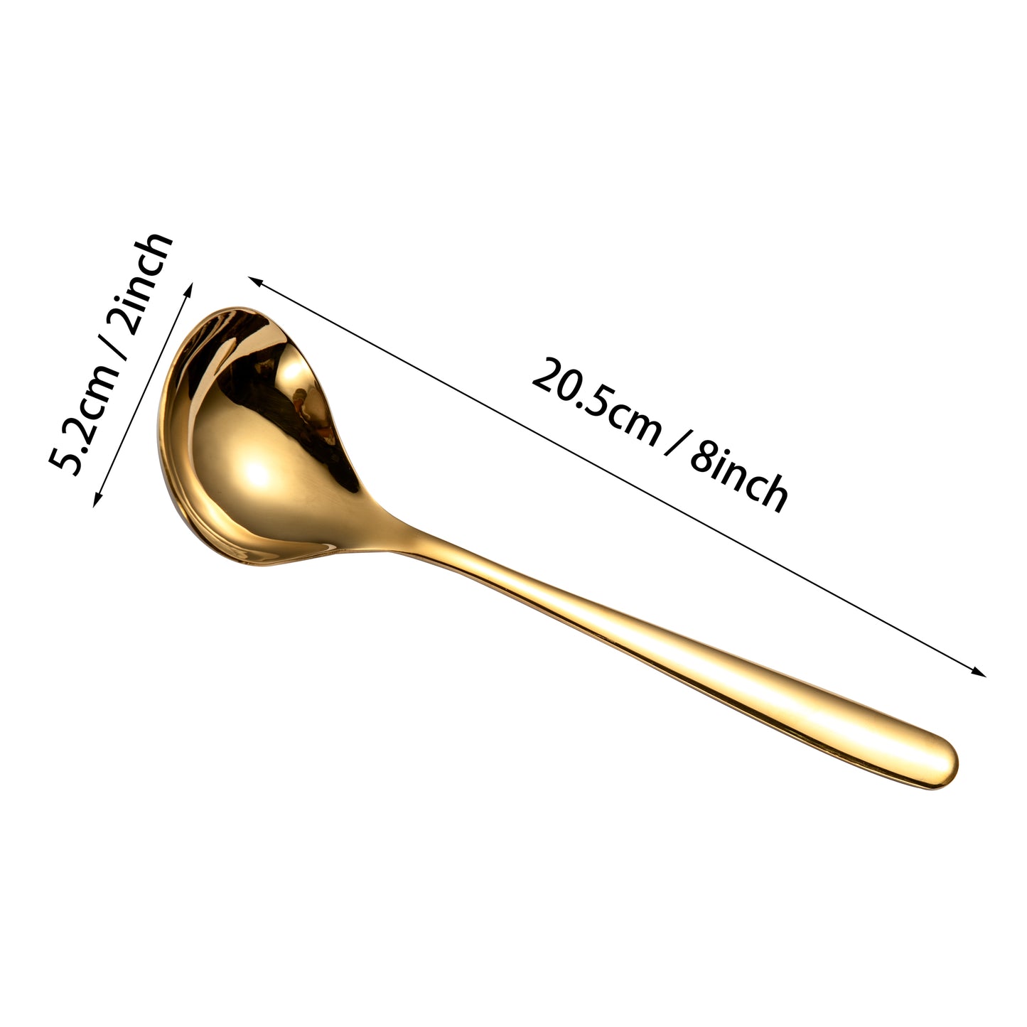 IMEEA Gold Stainless Steel Gravy Ladle size diagram showing 8 inch length and 2 inch spoon width