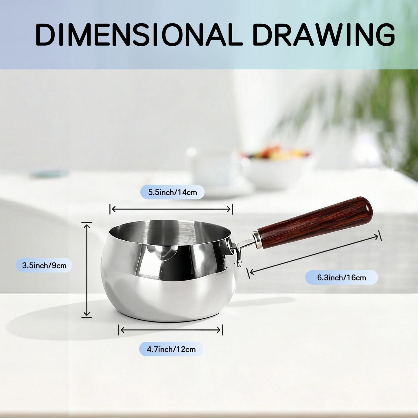 SUS304 Stainless Steel Milk Warmer Pot measurement details with dimensions for the pan body and wooden handle