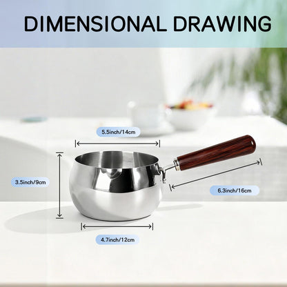 SUS304 Stainless Steel Milk Warmer Pot measurement details with dimensions for the pan body and wooden handle