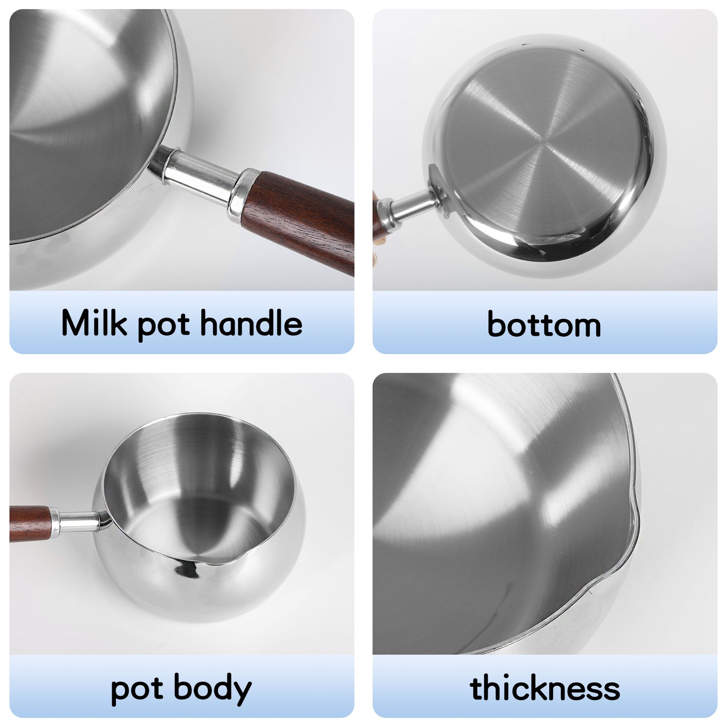Stainless steel pot showcasing the handle, bottom, body, thickness, and smooth rim design
