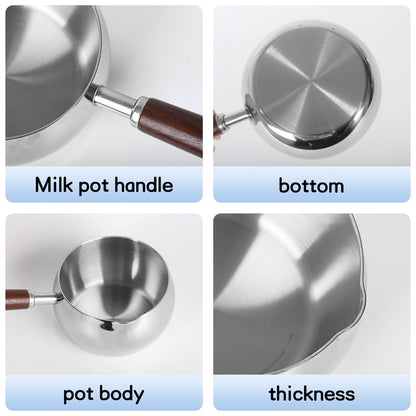 Stainless steel pot showcasing the handle, bottom, body, thickness, and smooth rim design