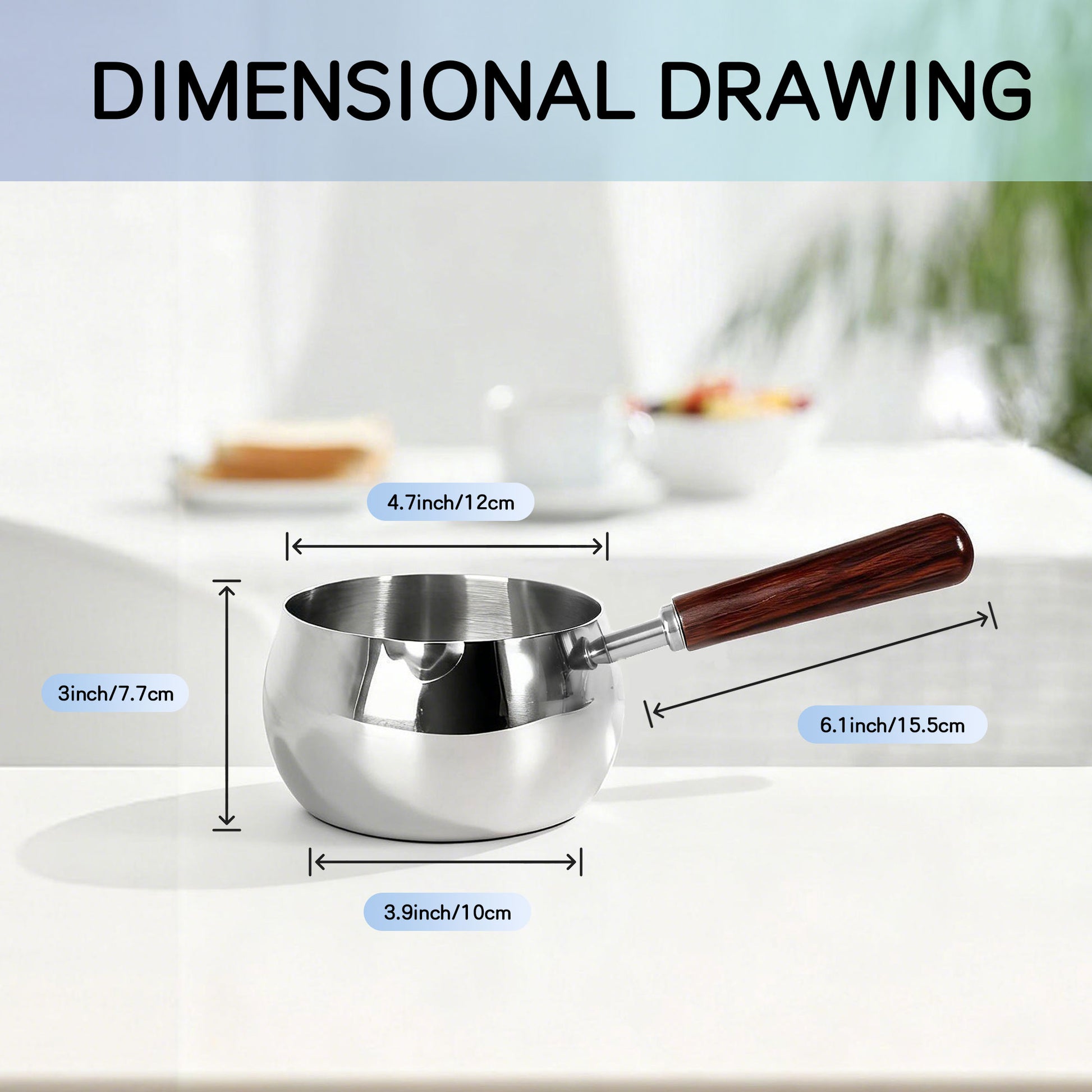 Small stainless steel pot with a 6.1-inch wooden handle, 4.7-inch opening diameter, and 3-inch pot height