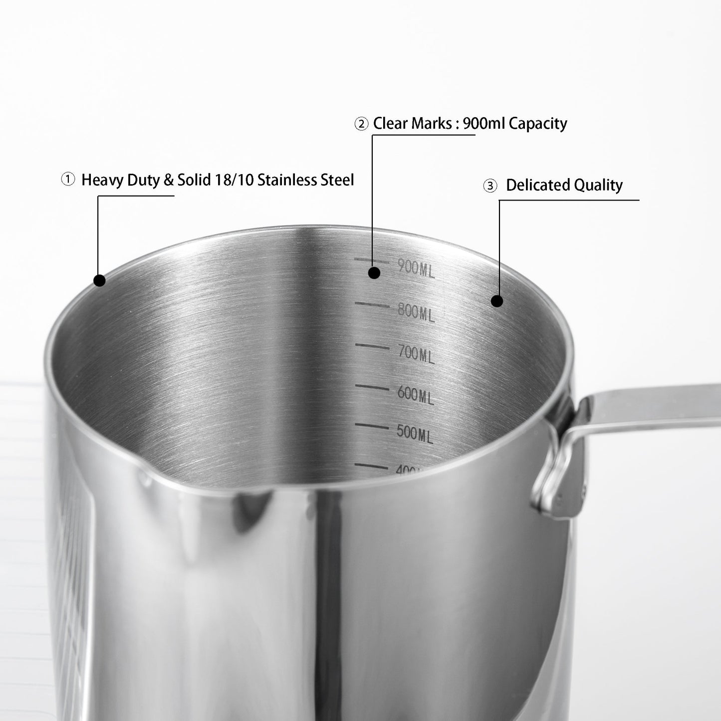 Delicate Quality 18/10 Stainless Steel Saucepan detail showing sturdy construction and clear ml measurement markings