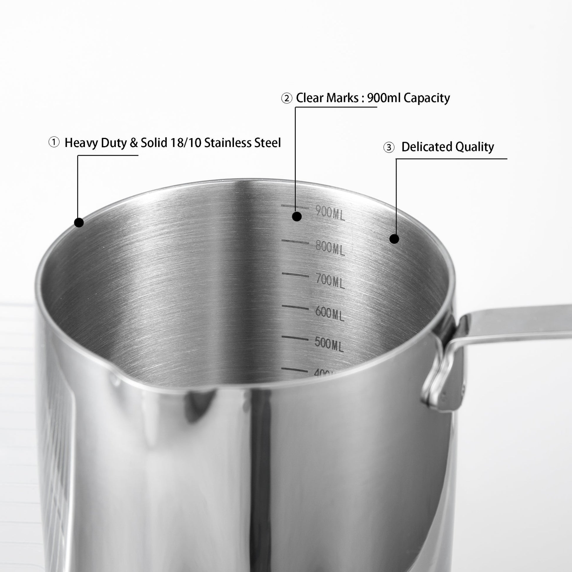 Delicate Quality 18/10 Stainless Steel Saucepan detail showing sturdy construction and clear ml measurement markings