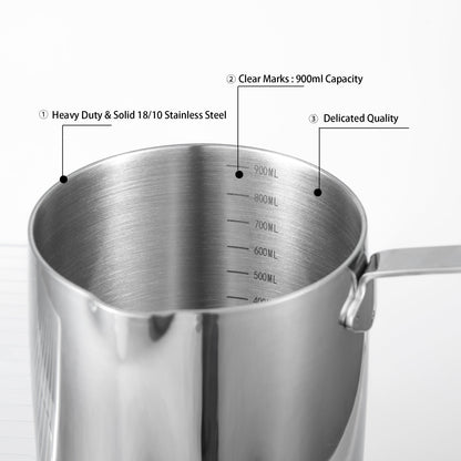 Delicate Quality 18/10 Stainless Steel Saucepan detail showing sturdy construction and clear ml measurement markings