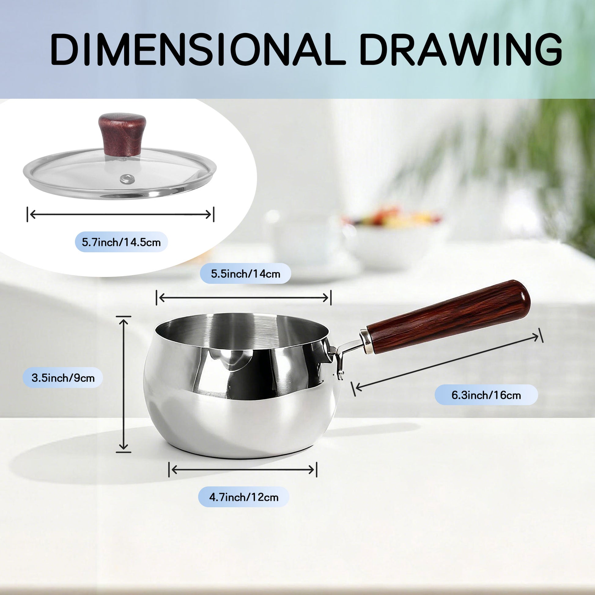 1-quart stainless steel saucepan with a 6.3-inch cool-touch wooden handle, 5.5-inch opening, and 3.5-inch height