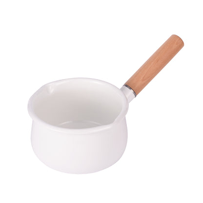 IMEEA enamel saucepan made of iron with a wooden handle and dual pour spouts, with a 1.05 Quart capacity for everyday cooking