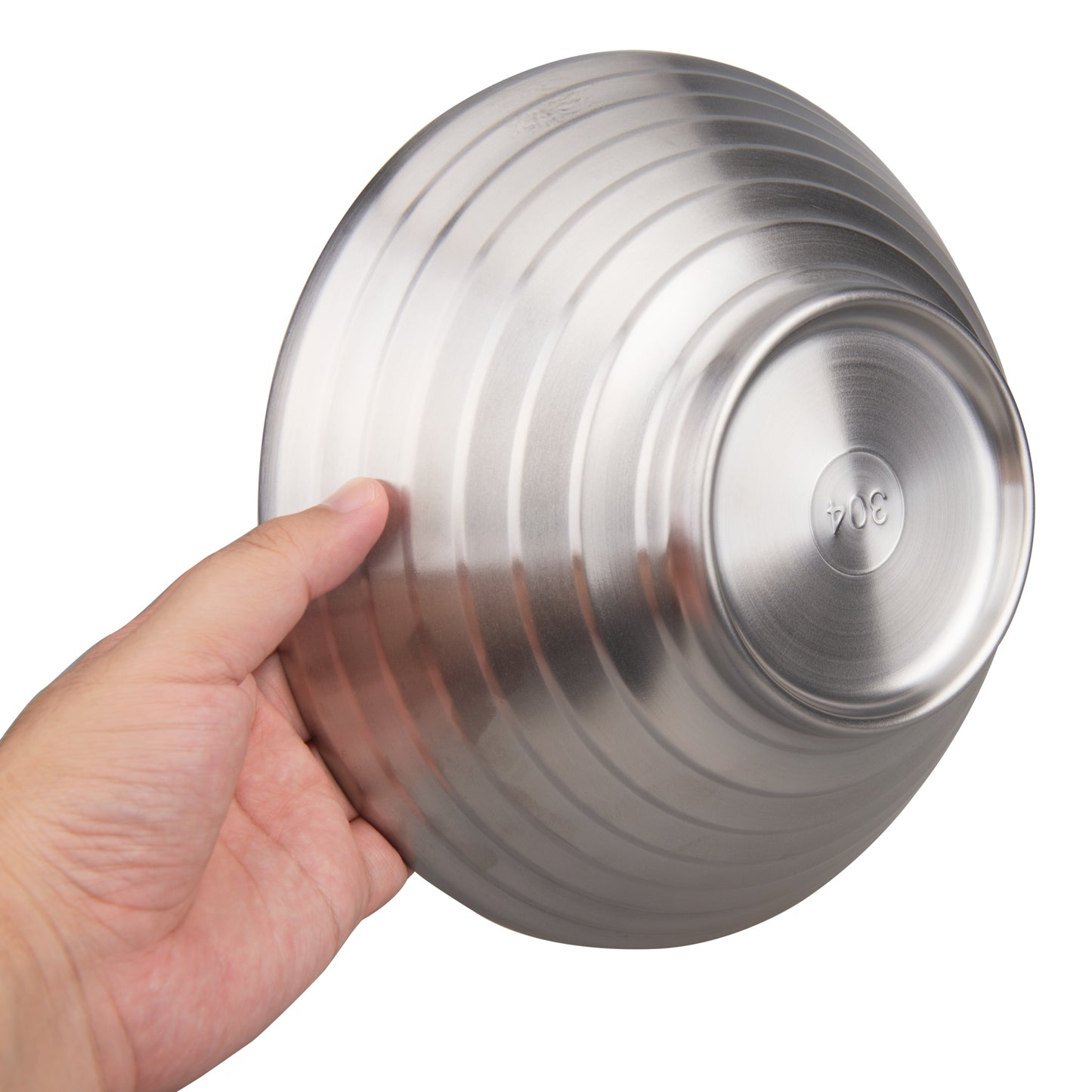 Double-Wall SUS304 Stainless Steel Serving Bowl held in hand showing the bottom