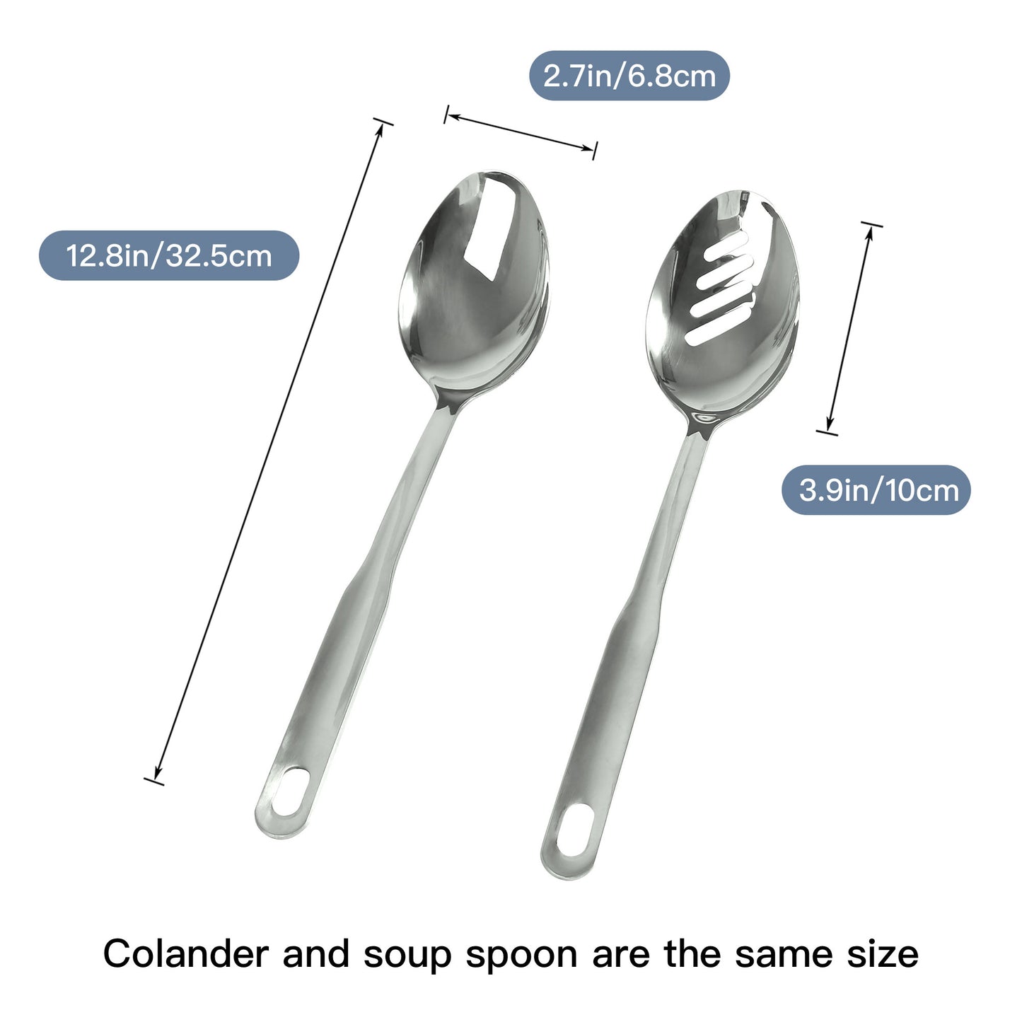 Large stainless steel serving spoon with 12.8-inch length and 3.9-inch spoon head