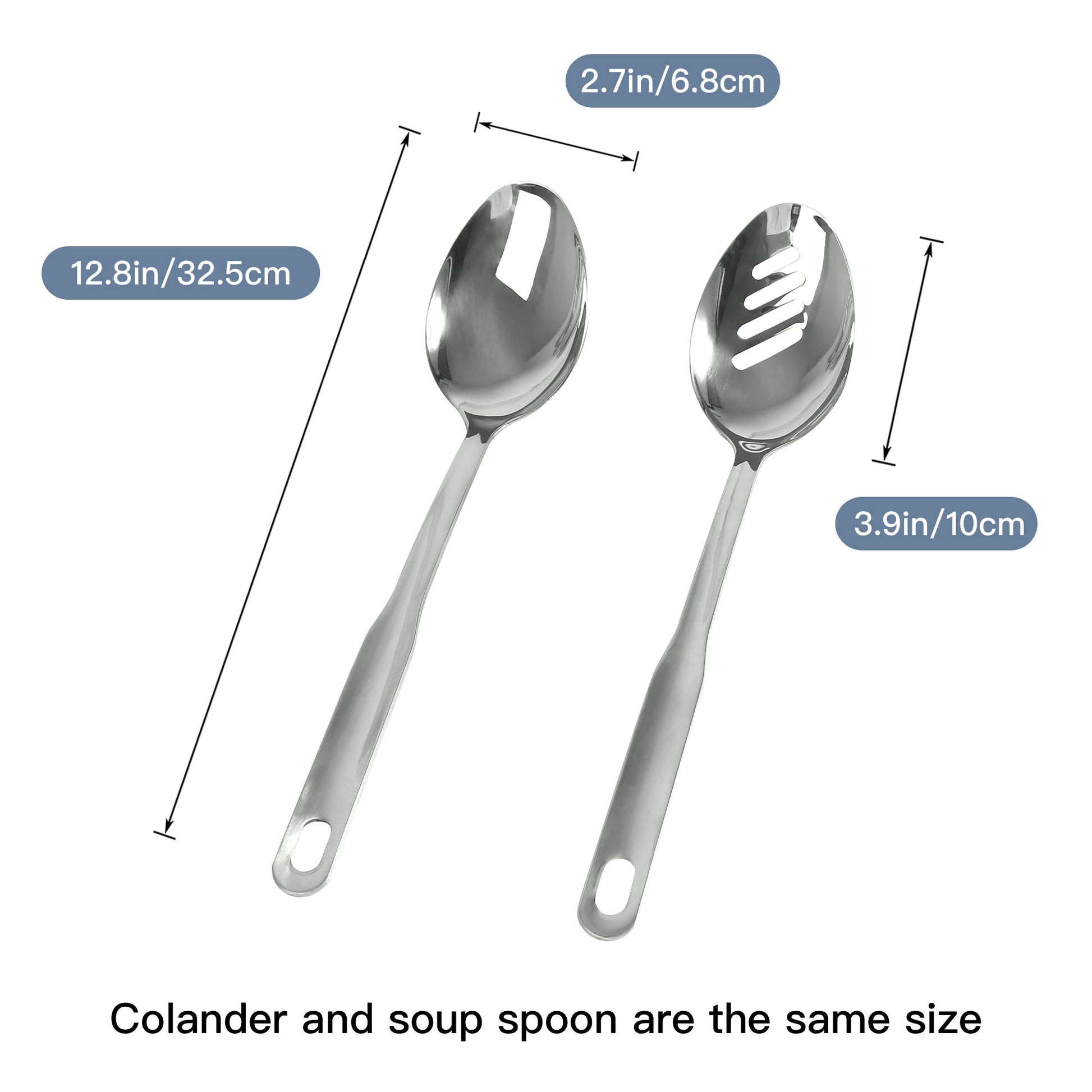 Large stainless steel serving spoon with 12.8-inch length and 3.9-inch spoon head