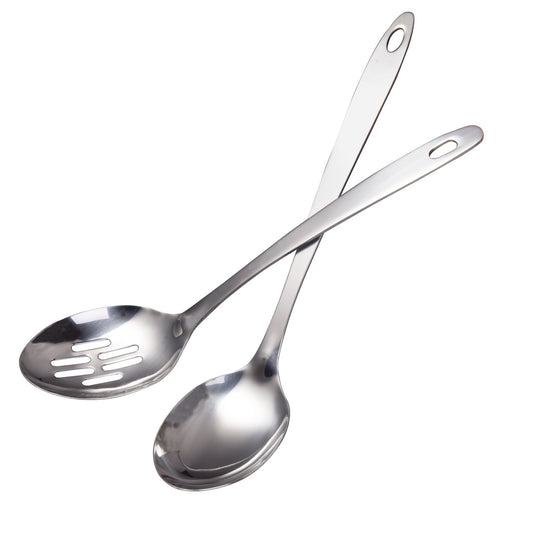 IMEEA 12.8-inch stainless steel cooking spoon set featuring a solid serving spoon and slotted spoon for everyday kitchen use
