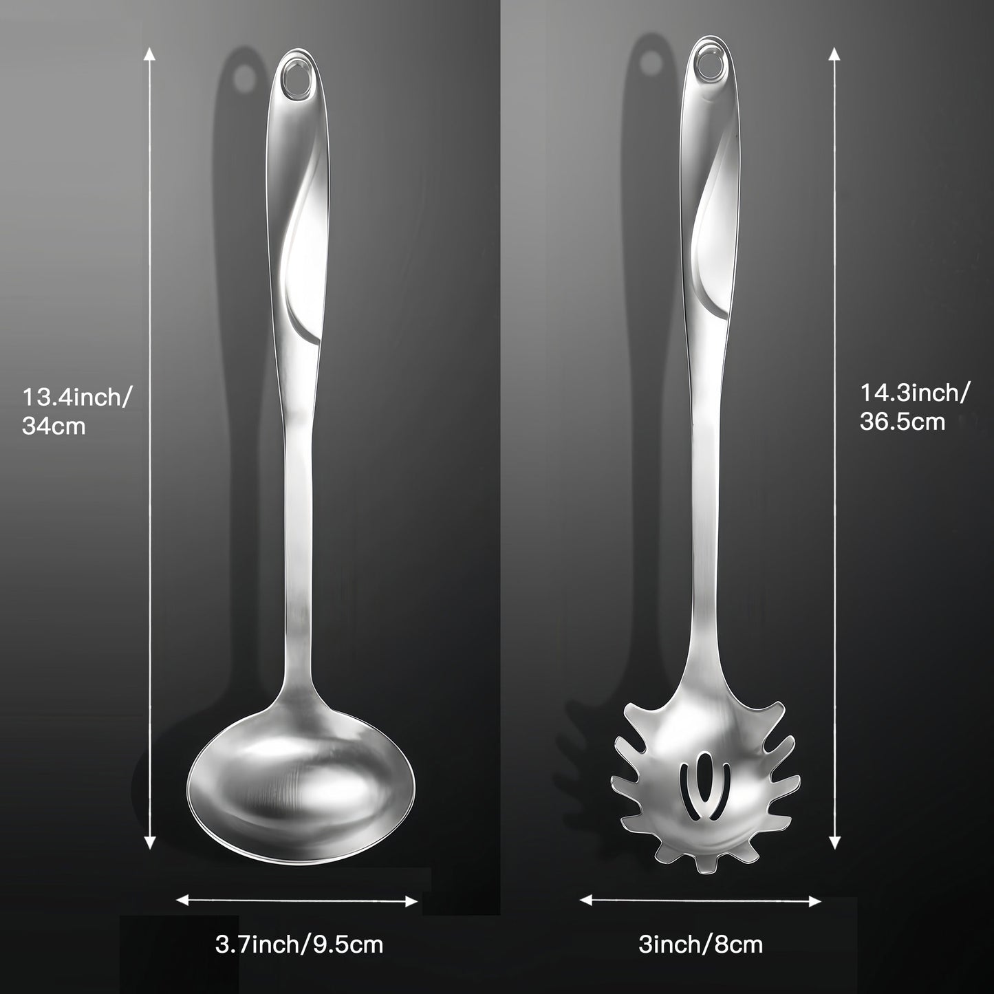 Long stainless steel spoon set with a 14.3-inch spaghetti spoon and 13.4-inch soup ladle