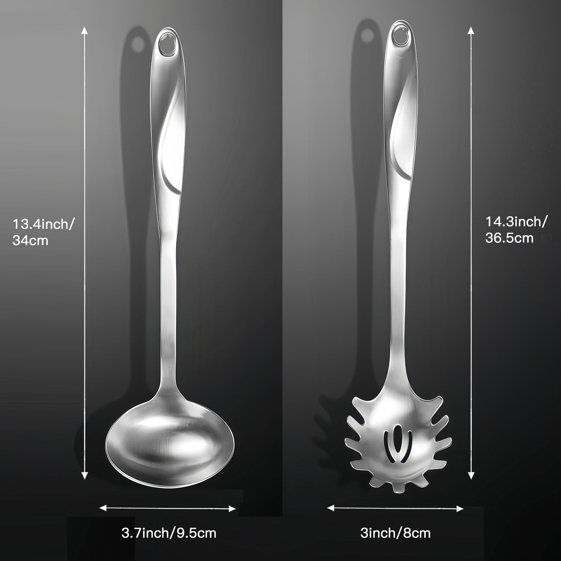 Long stainless steel spoon set with a 14.3-inch spaghetti spoon and 13.4-inch soup ladle