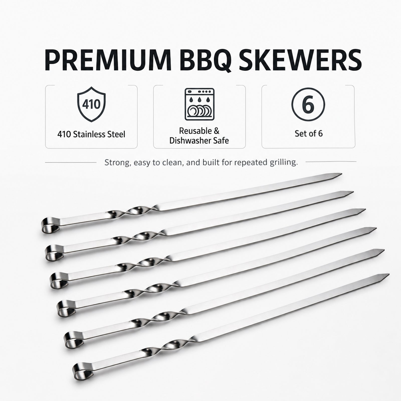 IMEEA 410 Stainless Steel Shish Kabob Skewers Set of 6 with dishwasher safe design for easy cleaning