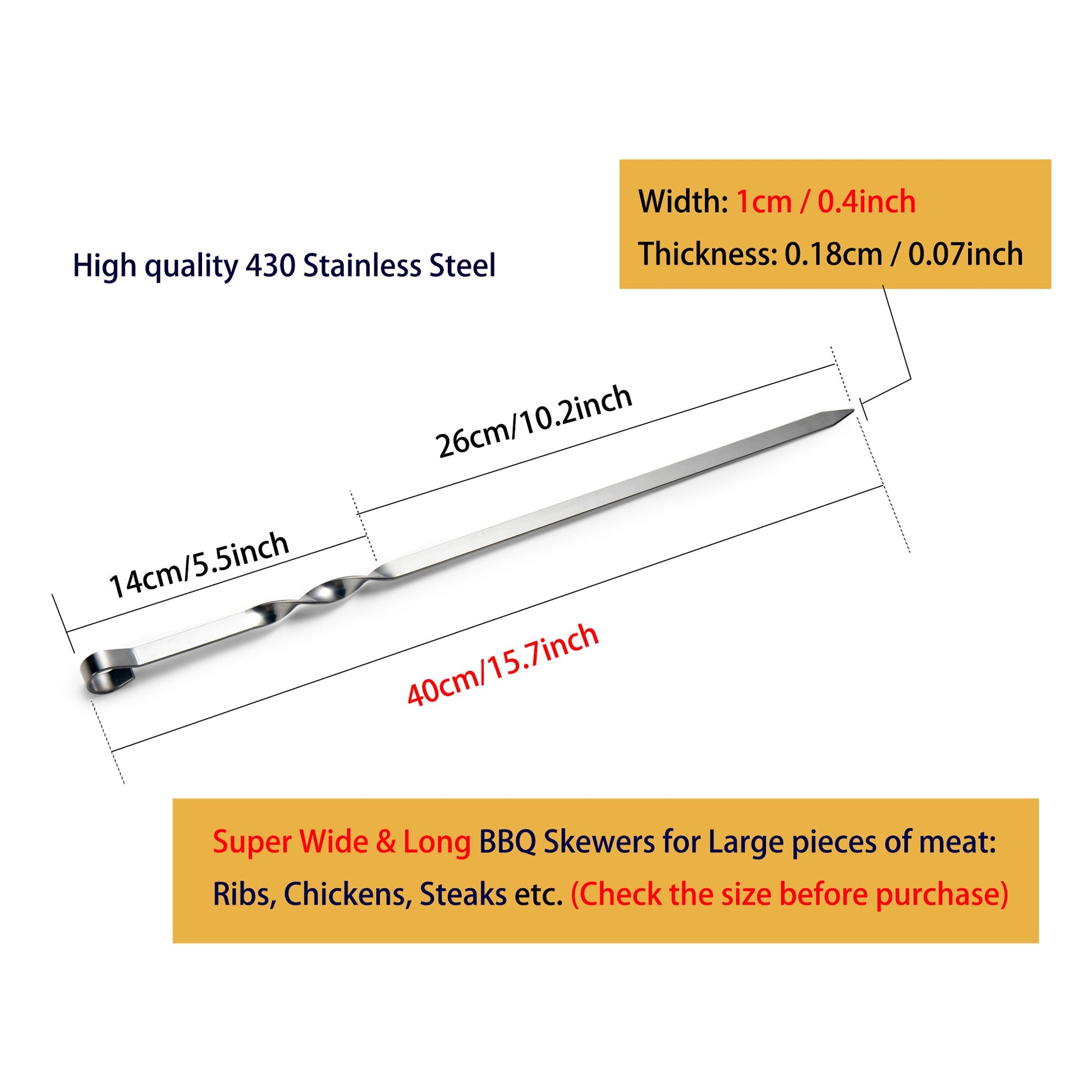 15.7inch Stainless Steel Shish Kabob Skewers size details showing overall length and 5.5inch handle lengths