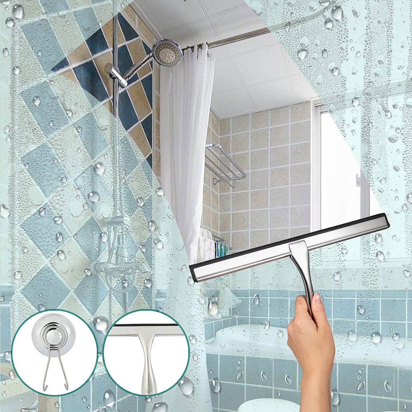 Stainless Steel Shower Squeegee easily removes water droplets from a bathroom glass door for a cleaner surface
