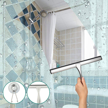 Stainless Steel Shower Squeegee easily removes water droplets from a bathroom glass door for a cleaner surface