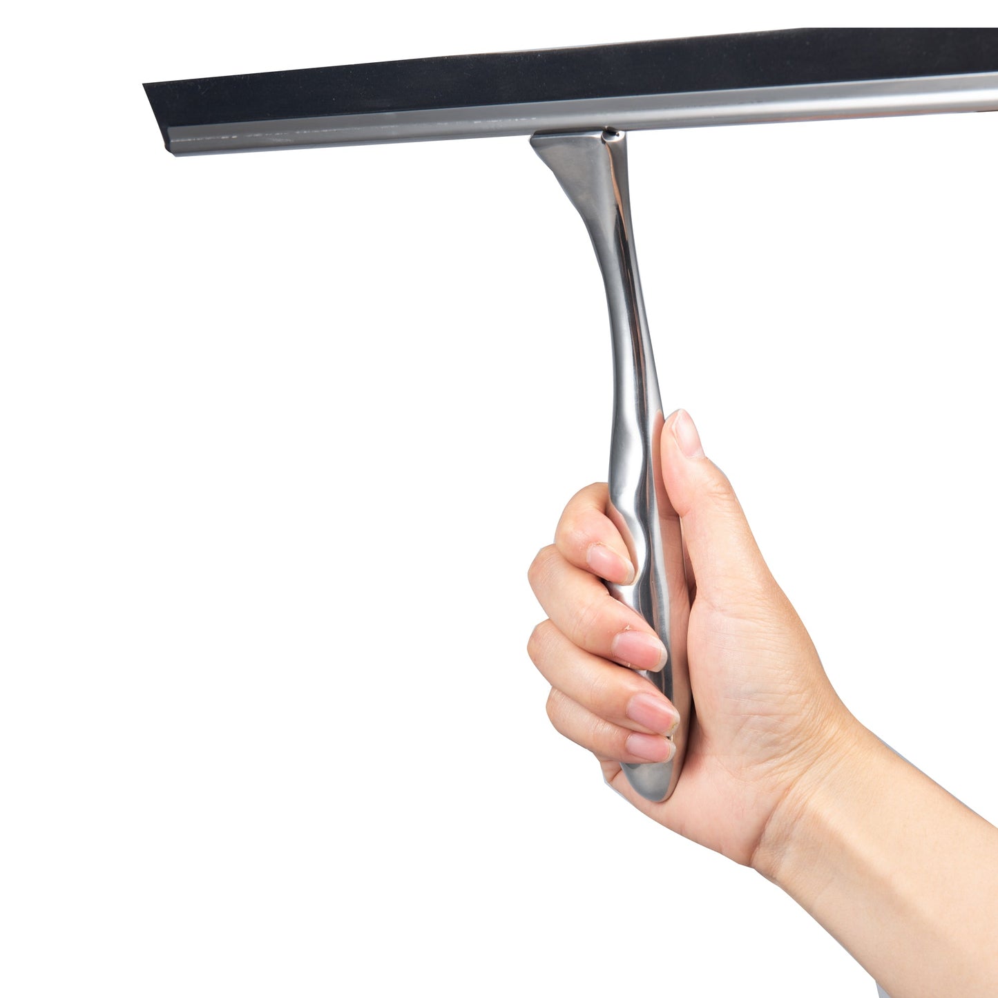 IMEEA Stainless Steel Shower Squeegee held in hand showing the front desig