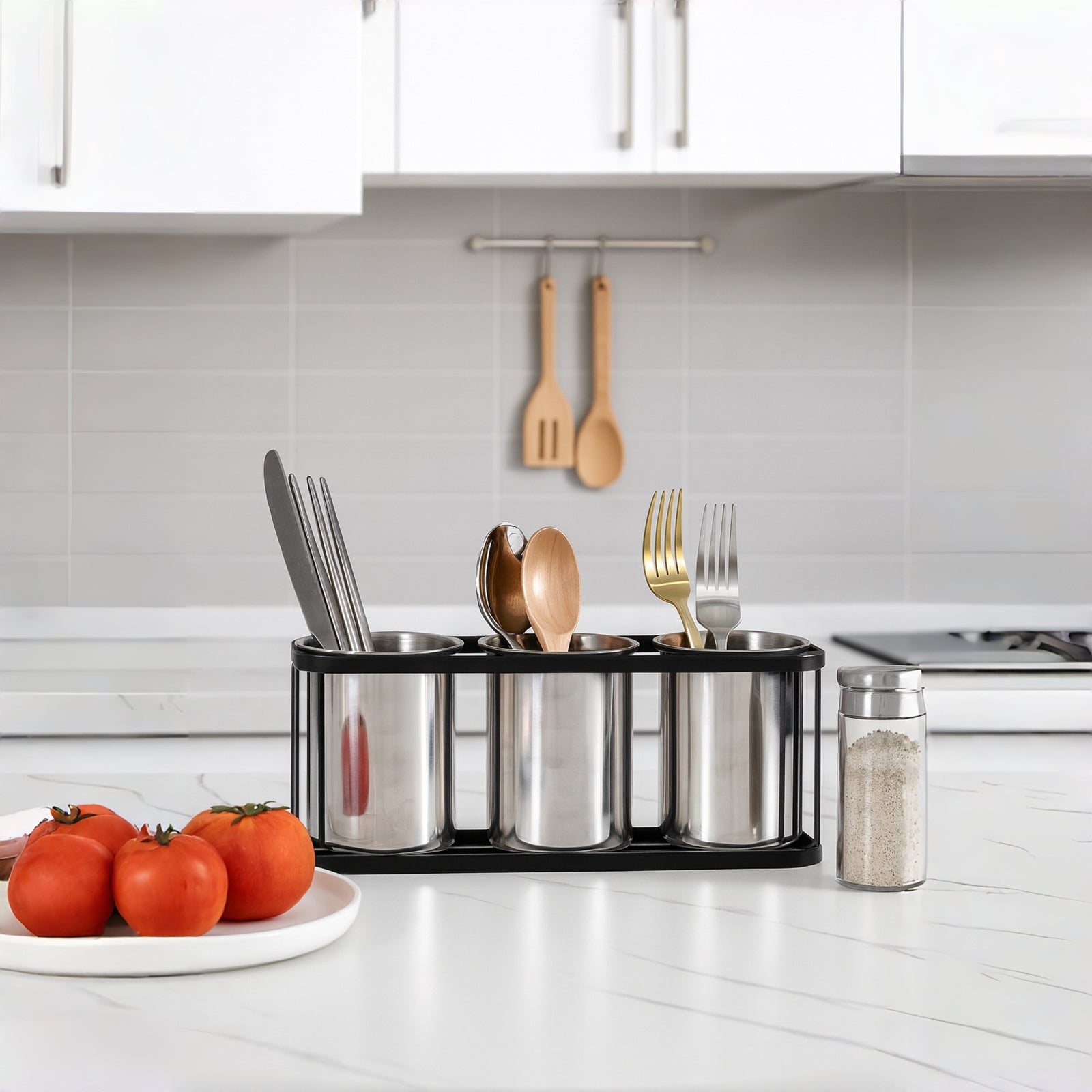 IMEEA Stainless Steel Silverware Caddy organizing utensils on a kitchen countertop