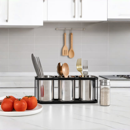 IMEEA Stainless Steel Silverware Caddy organizing utensils on a kitchen countertop