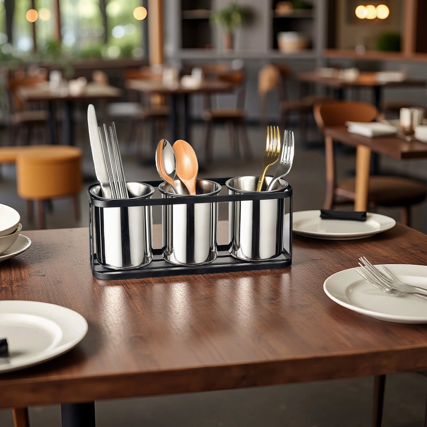 Restaurant Silverware Caddy with modern stainless steel design organizing utensils for a clean dining table setup